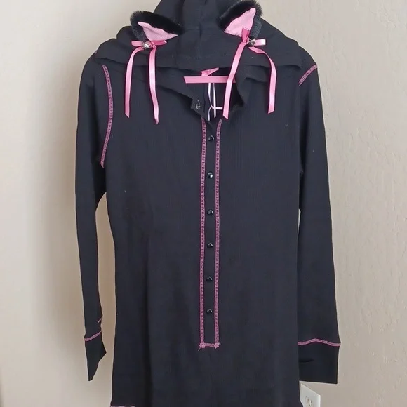 DOLLSKILL SUGAR THRILLZ 1X BLACK LONG-SLEEVED CAT ROMPER EARS ON HOOD BOWS/BELL - Picture 1 of 17